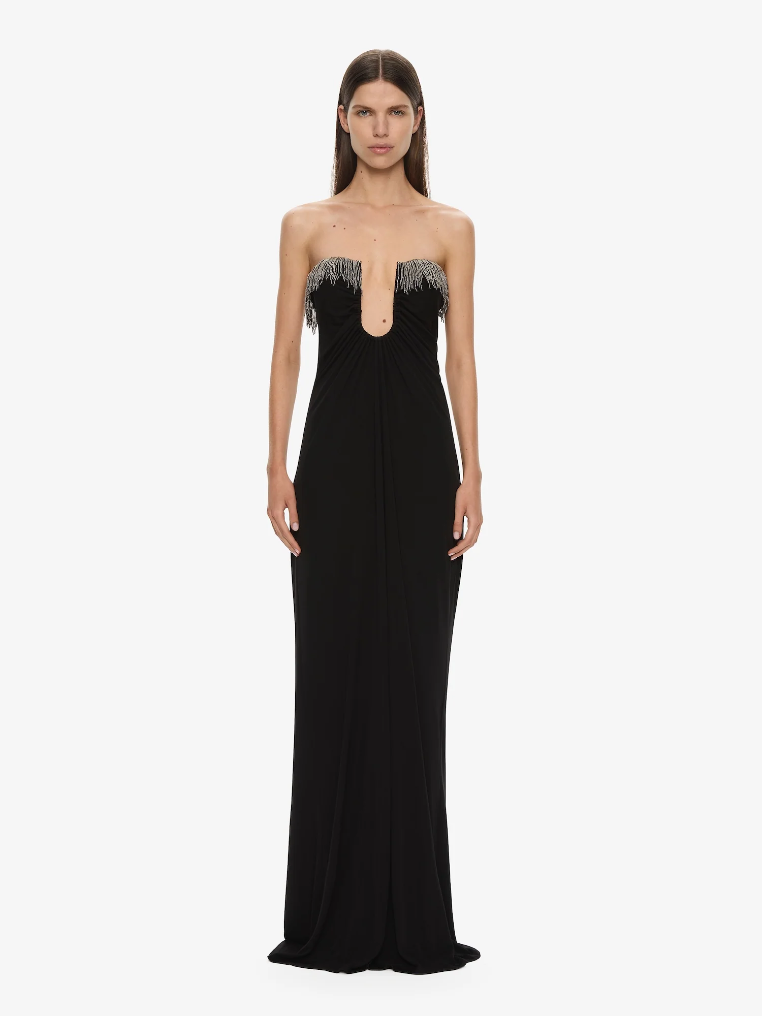 Arced Palm Strapless Fringe Dress