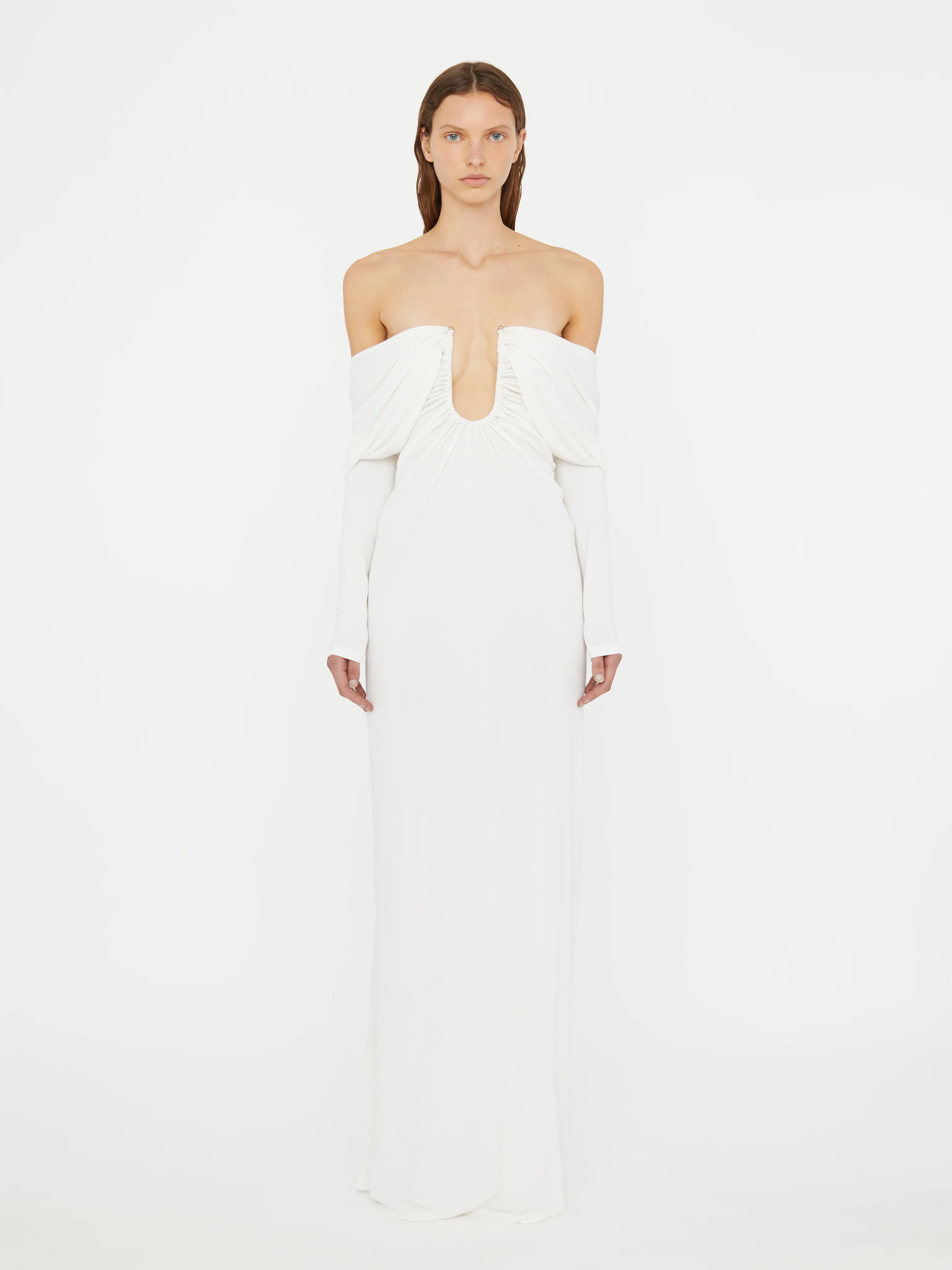Arced Palm Strapless Shawl Gown