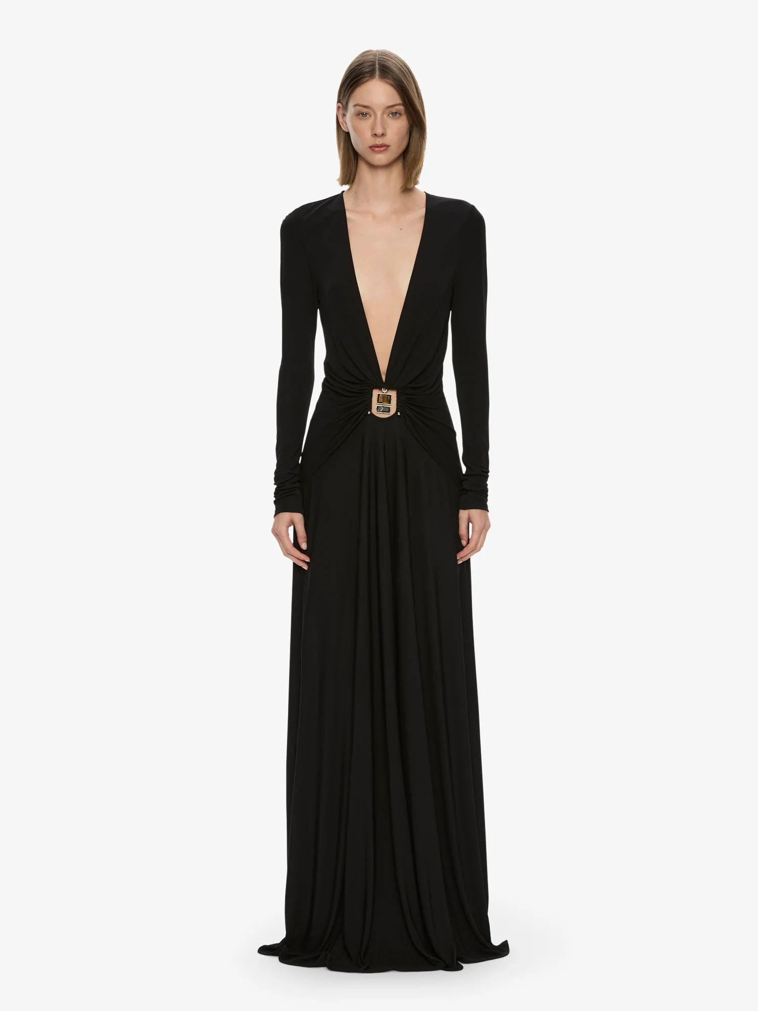 Bezel Quartz Ruched Long Sleeve Dress
