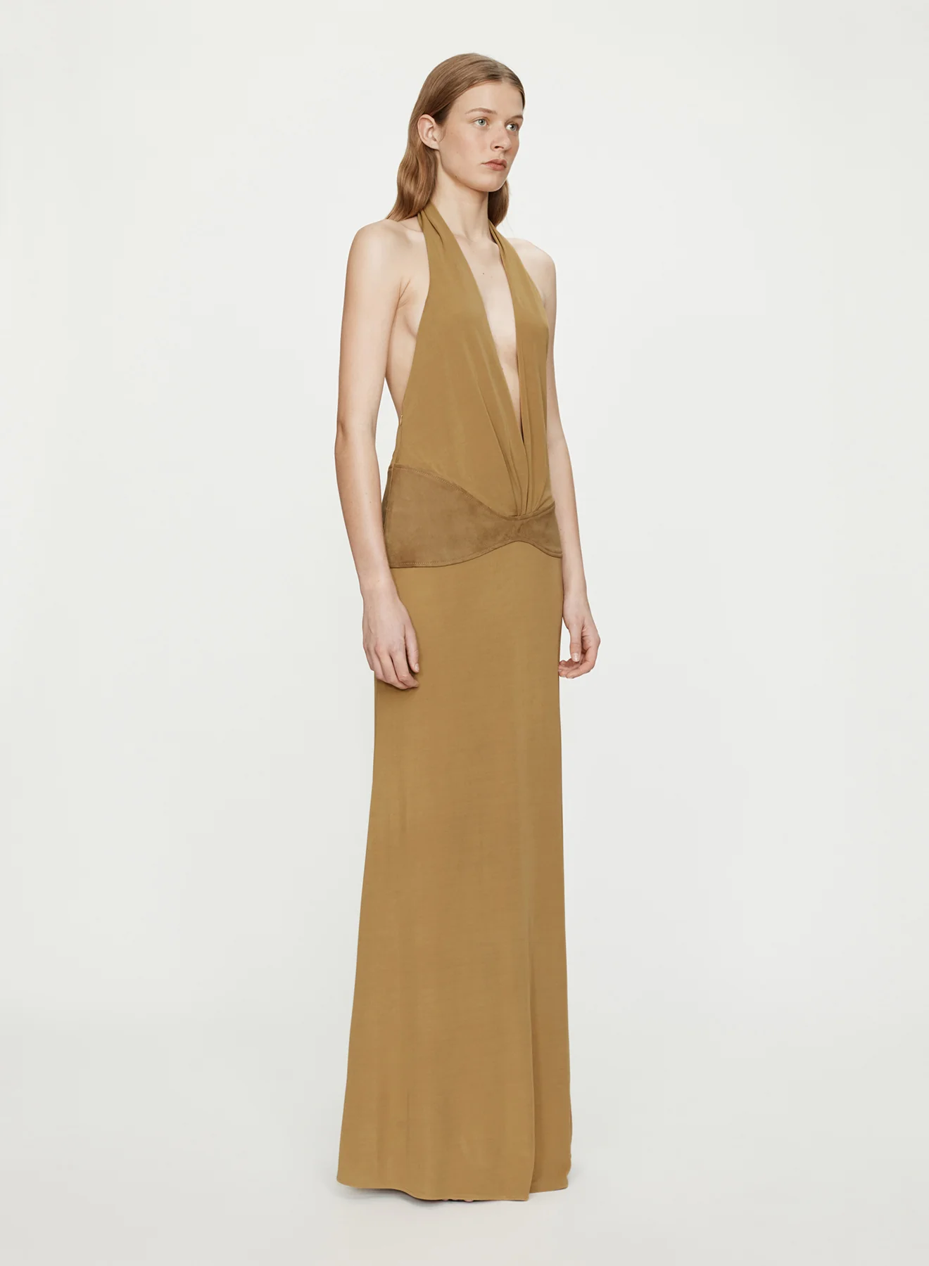Contour Suede Belted Jersey Halter Gown - Image 3