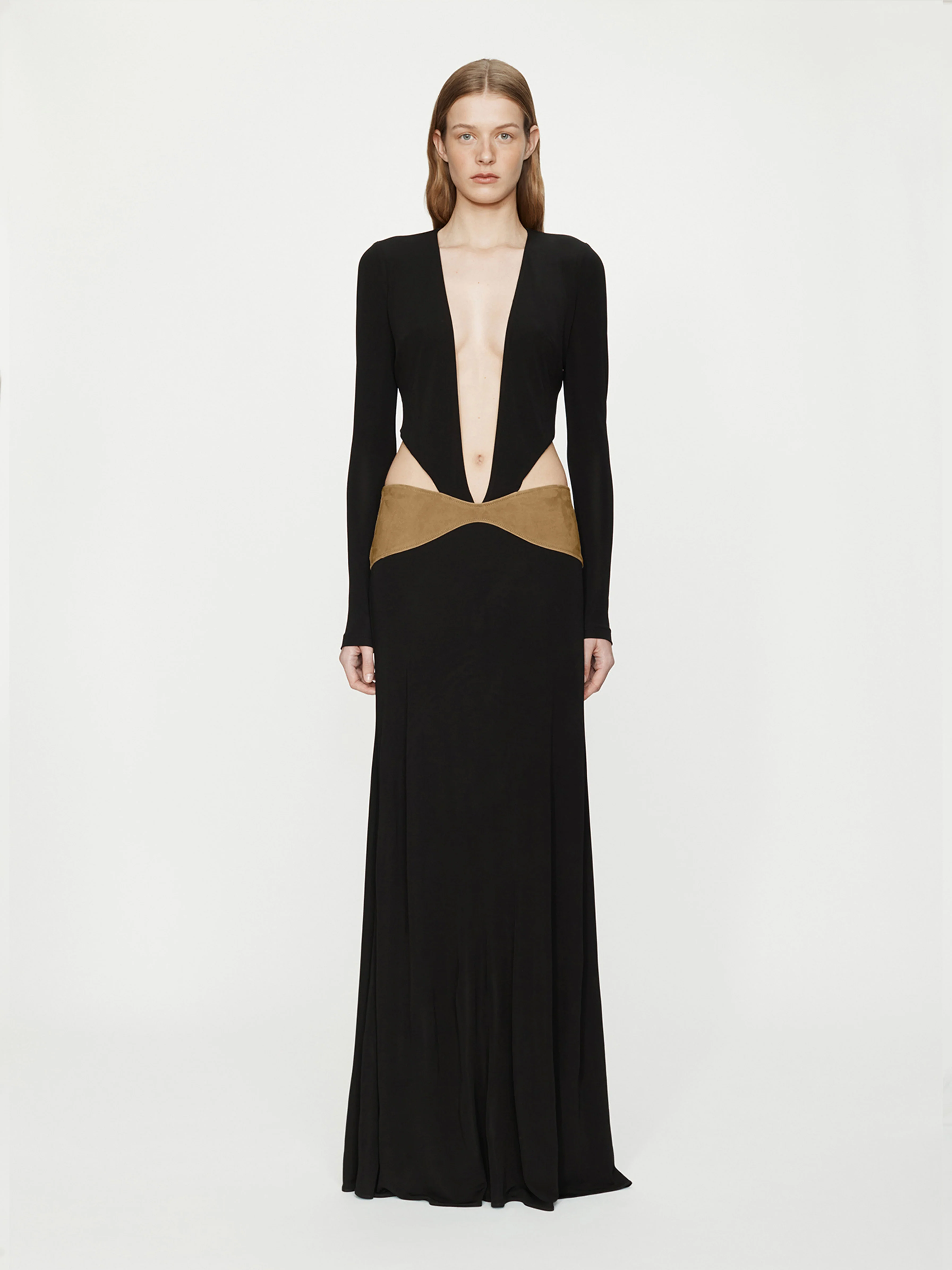 Contour Suede Belted Long Sleeve Gown